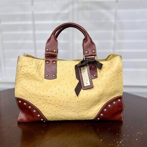 Claudia Firenze Ostrich Embossed Leather Satchel Tote Mustard and Brown